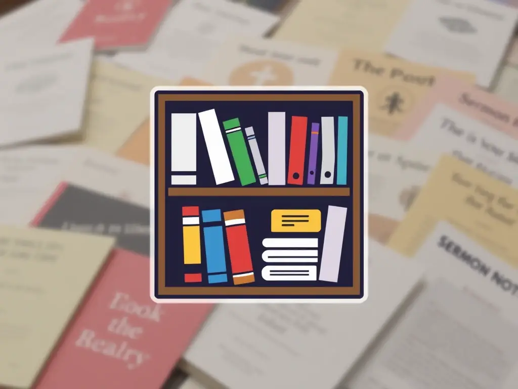 A well-organized digital bookshelf icon, representing a sermon library, with a blurred background showing various sermon notes and documents. The image should convey organization and accessibility.