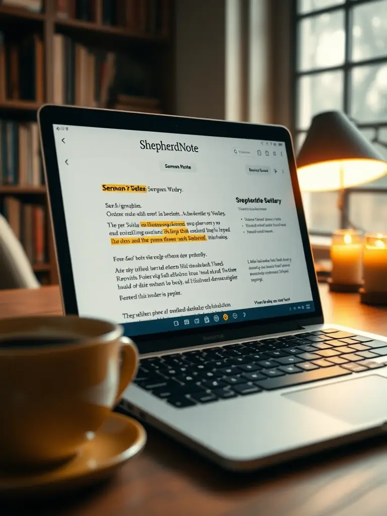 The ShepherdNote app generating a summary of a sermon, highlighting key points, quotes, and scripture references.