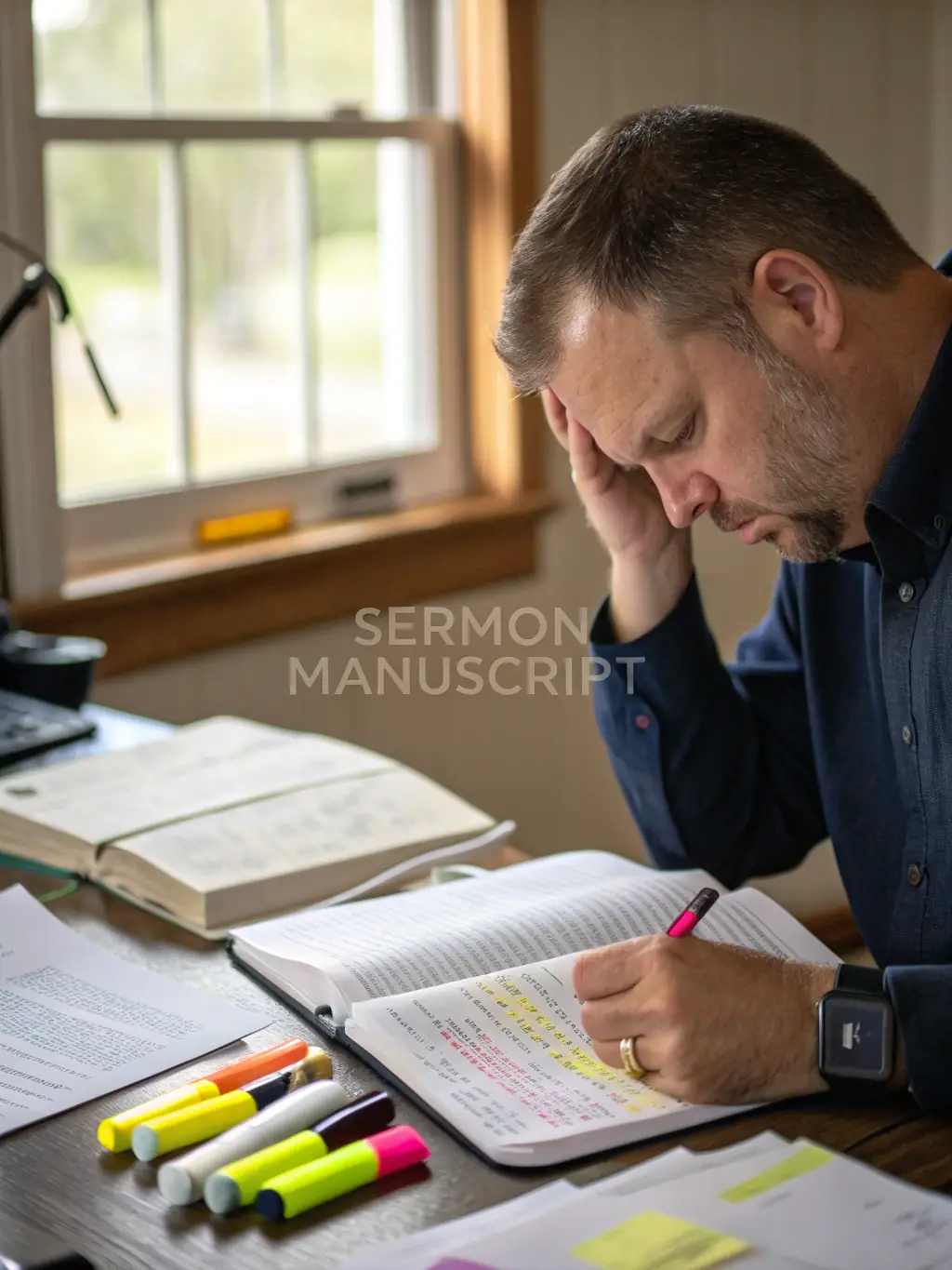 A pastor reviewing sermon summaries and preparing for a follow-up discussion with the congregation.